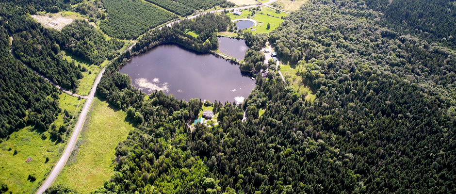 Vue aérienne des chalets à louer dans la région de Mégantic